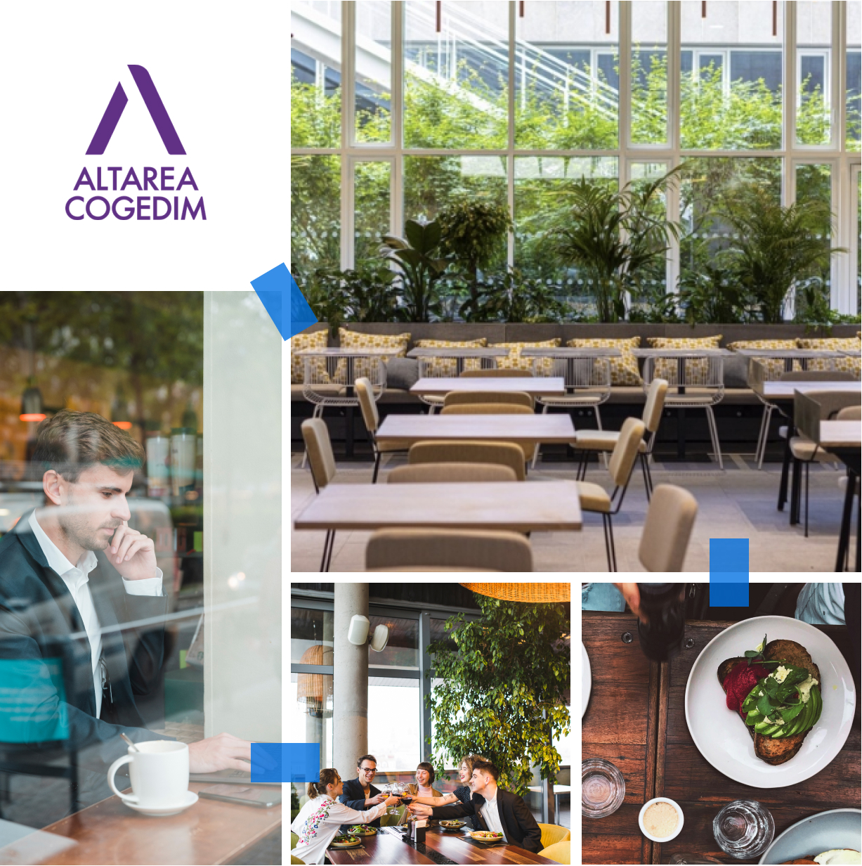 Sélection de photos illustrant la mission du siège social d'Atarea Cogedim, où l'enjeu était de rendre un restaurant d'entreprise innovant
