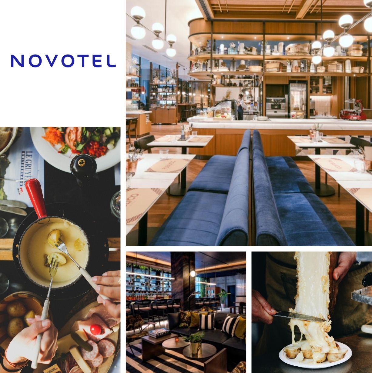 Sélection de photos illustrant le Novotel d'Annemasse : nos équipes ont travaillé sur un nouveau concept pour le Rooftop et le restaurant afin d'attirer la clientèle extérieure