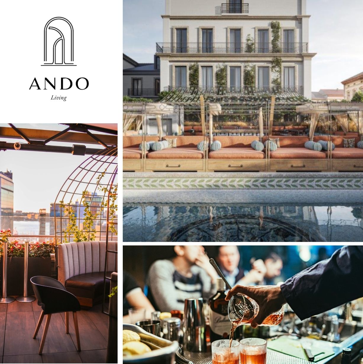 Sélection de photos illustrant la mission Ando Living : Création du socle commun de l'expérience de restauration de la marque de co-living premium et lifestyle internationale