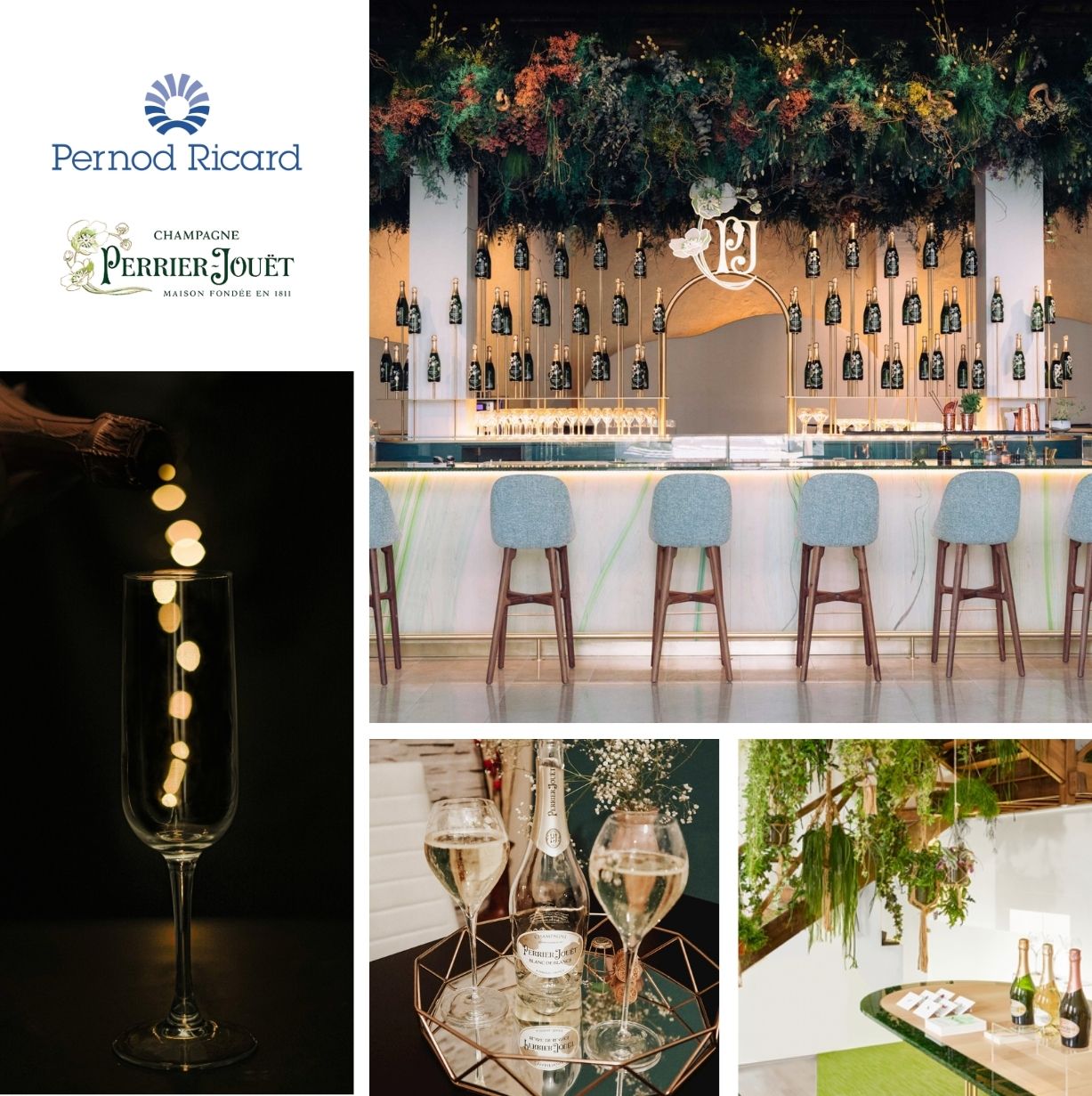 Sélection de photos illustrant la mission Pernod Ricard et Perrier Jouët : Création d'un bar à manger éphémère et sensoriel à 360 autour des cuvées de champagnes