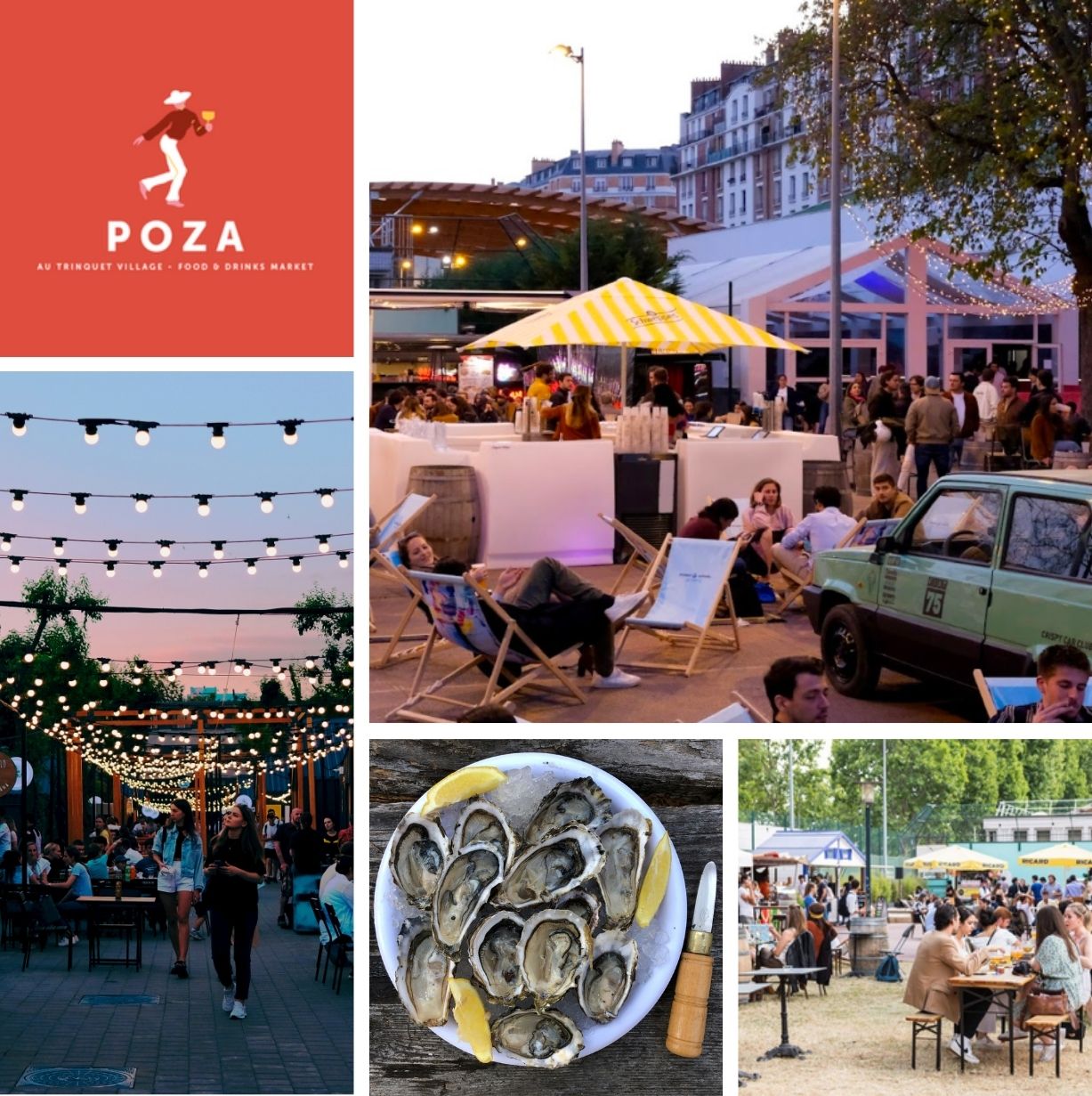 Sélection de photos illustrant le Trinquet village by Poza : création du concept comprenant 9 kiosques food, 2 bars, 1 restaurant et accompagnement à la sélection d'opérateurs