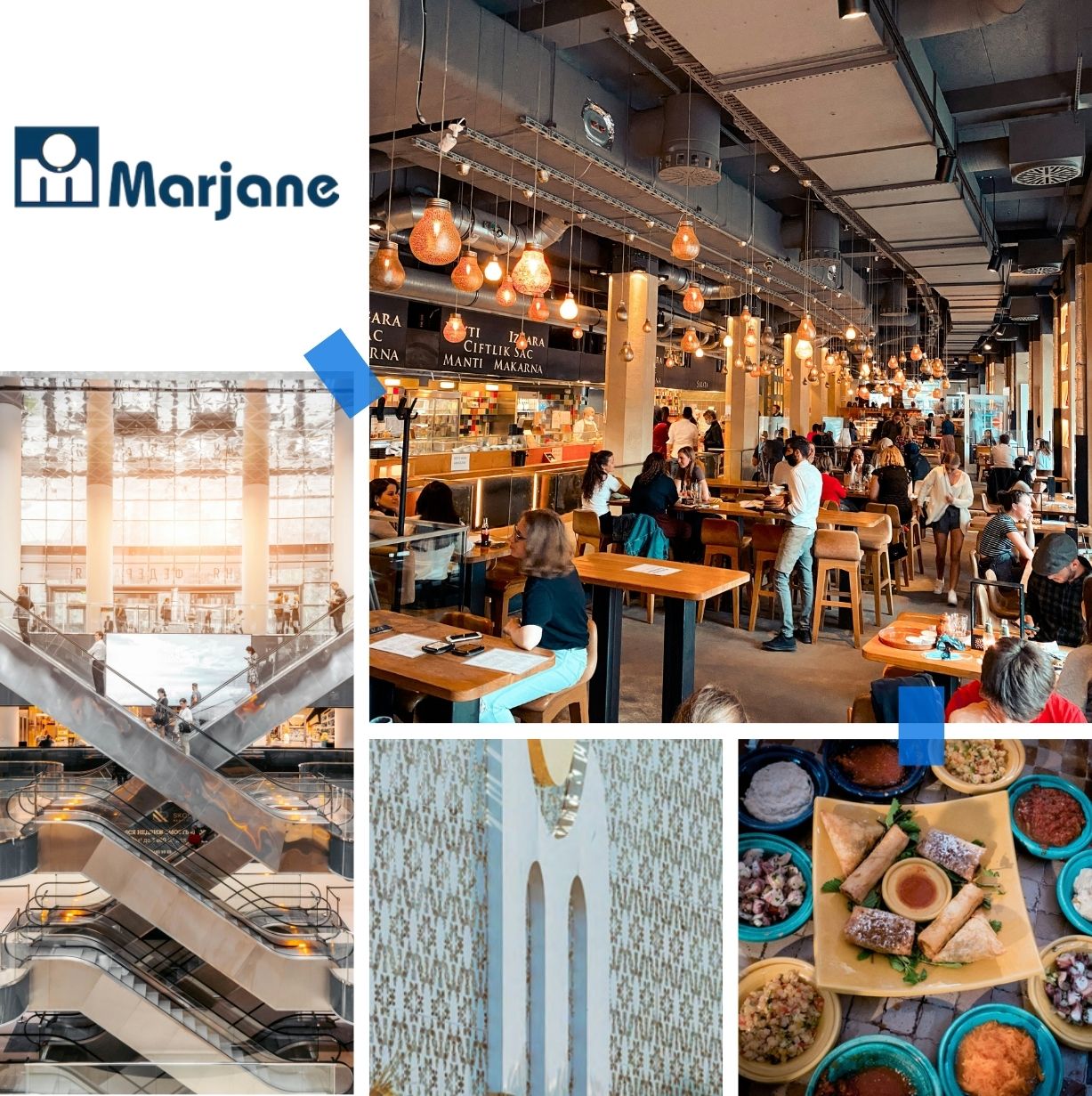 Sélection de photos illustrant la mission Marjane : Création de 5 hyper-lieux (1 500 m2 à 4 000 m2) : un Foodsook communautaire, une halle gourmande, Grocerant à l’image du Maroc